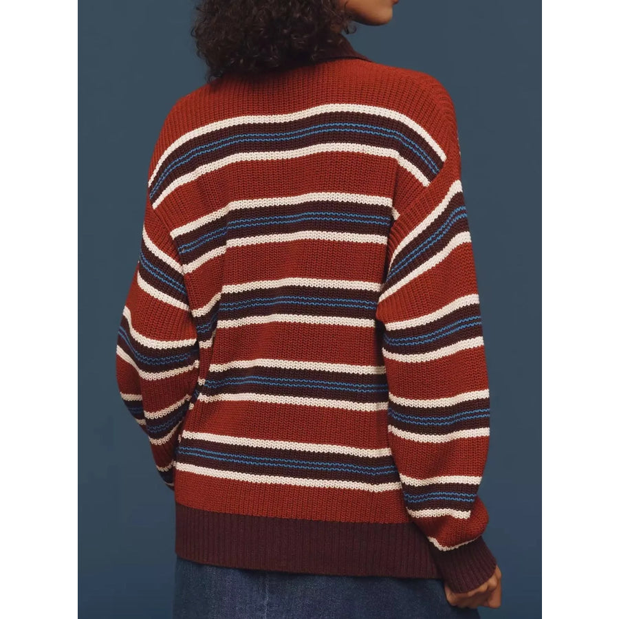 Striped Button Detail Polo Collar Sweater Apparel and Accessories