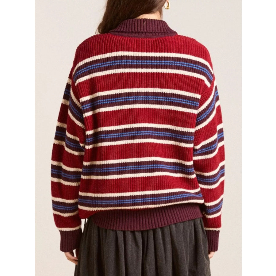 Striped Button Detail Polo Collar Sweater Apparel and Accessories