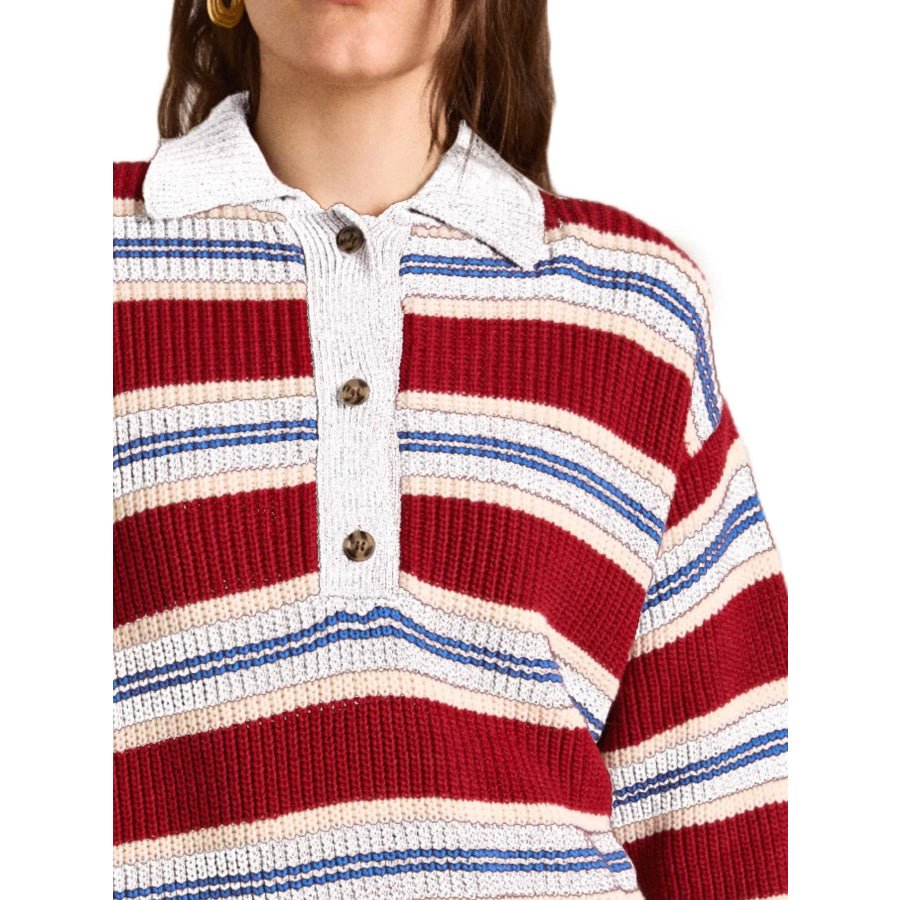 Striped Button Detail Polo Collar Sweater Apparel and Accessories