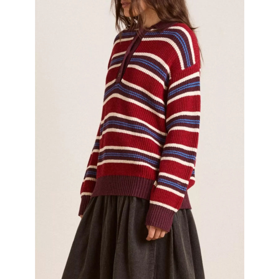 Striped Button Detail Polo Collar Sweater Apparel and Accessories