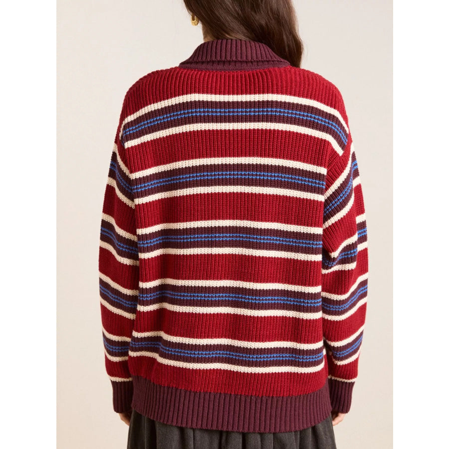 Striped Button Detail Polo Collar Sweater Apparel and Accessories