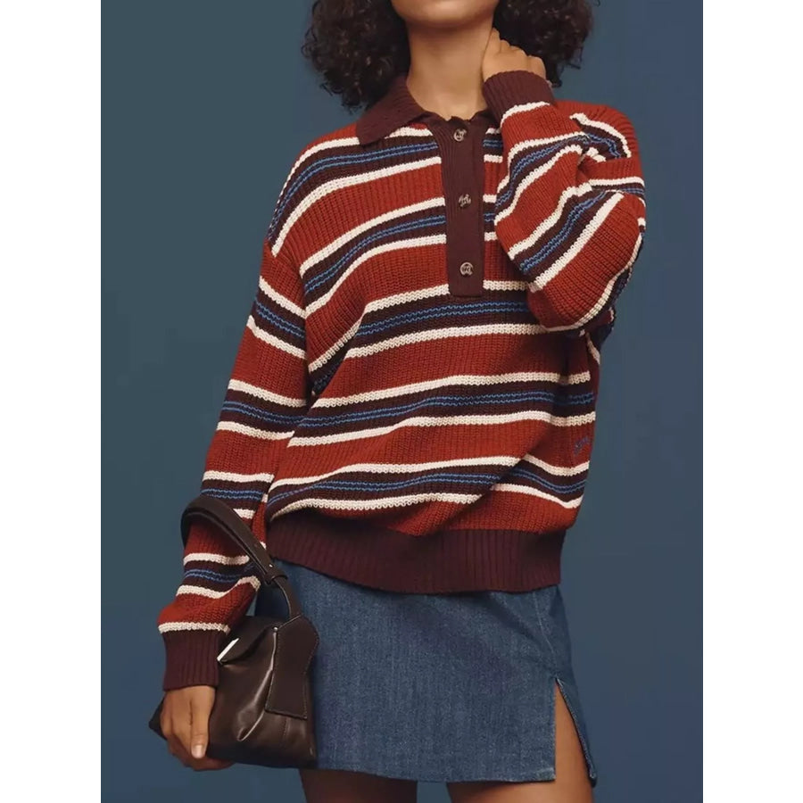 Striped Button Detail Polo Collar Sweater Apparel and Accessories