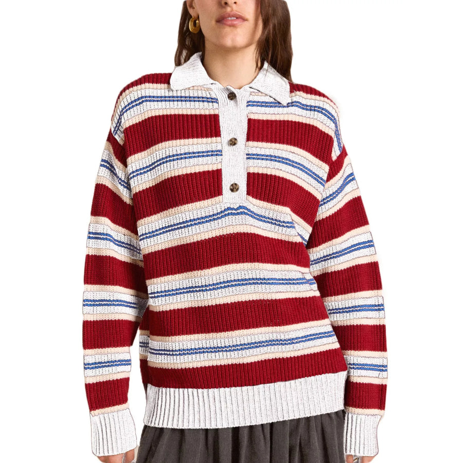 Striped Button Detail Polo Collar Sweater Gray/white / S Apparel and Accessories