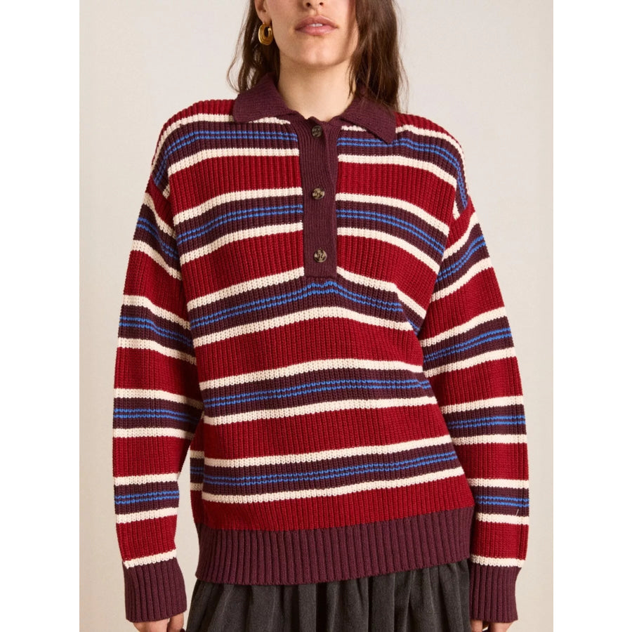 Striped Button Detail Polo Collar Sweater Red / S Apparel and Accessories