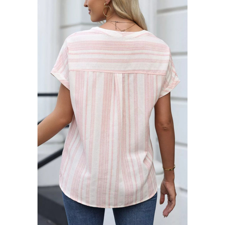 Striped Button Detail Short Sleeve Blouse Apparel and Accessories