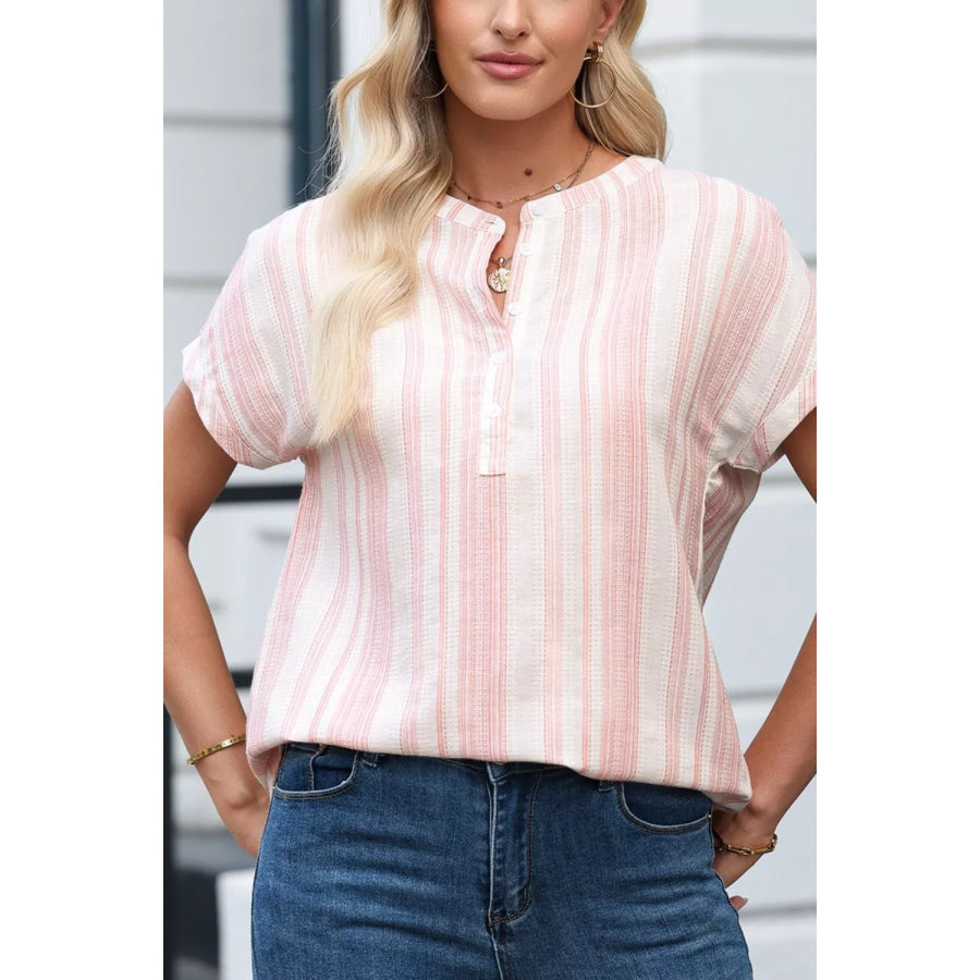 Striped Button Detail Short Sleeve Blouse Apparel and Accessories