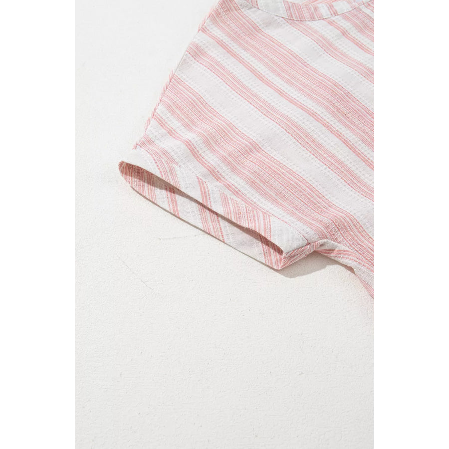 Striped Button Detail Short Sleeve Blouse Apparel and Accessories