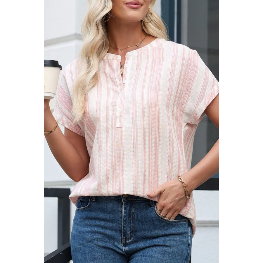 Striped Button Detail Short Sleeve Blouse Apparel and Accessories