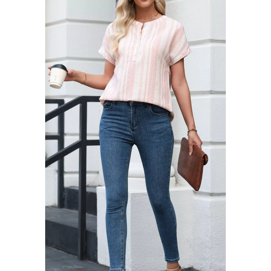 Striped Button Detail Short Sleeve Blouse Apparel and Accessories