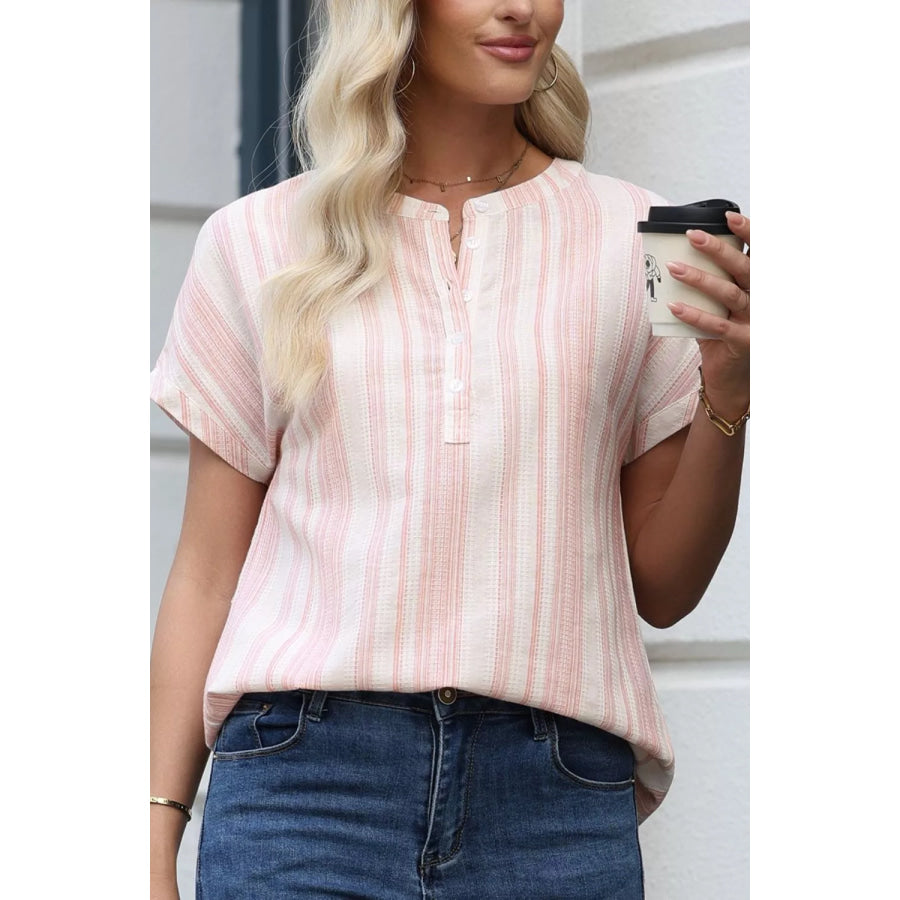 Striped Button Detail Short Sleeve Blouse Apparel and Accessories