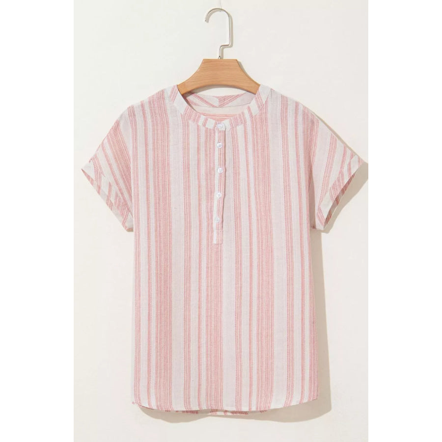 Striped Button Detail Short Sleeve Blouse Apparel and Accessories
