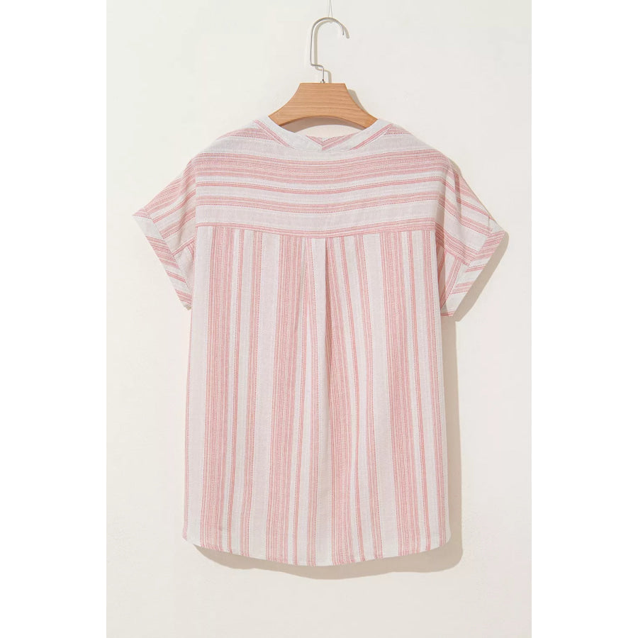 Striped Button Detail Short Sleeve Blouse Apparel and Accessories