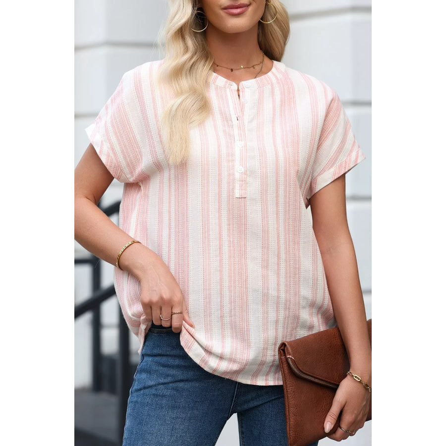 Striped Button Detail Short Sleeve Blouse Dusty Pink / S Apparel and Accessories