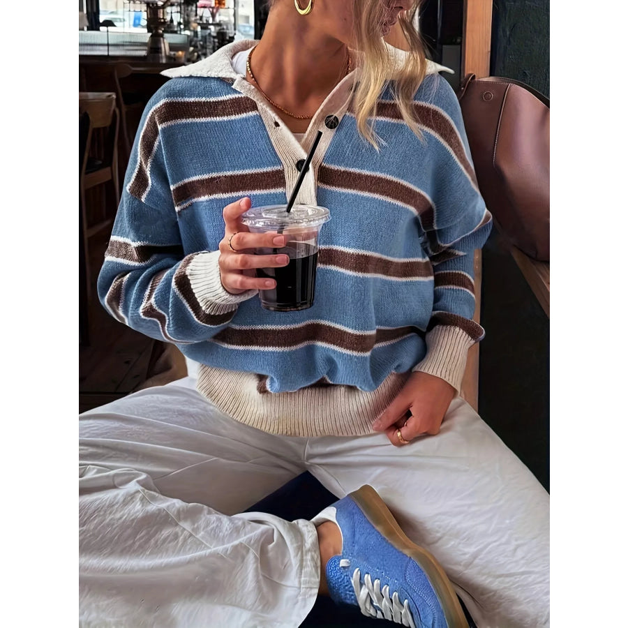 Striped Button Detail Sweater Apparel and Accessories