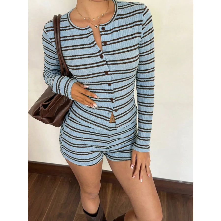 Striped Button-Down Cardigan and Shorts Set Apparel Accessories