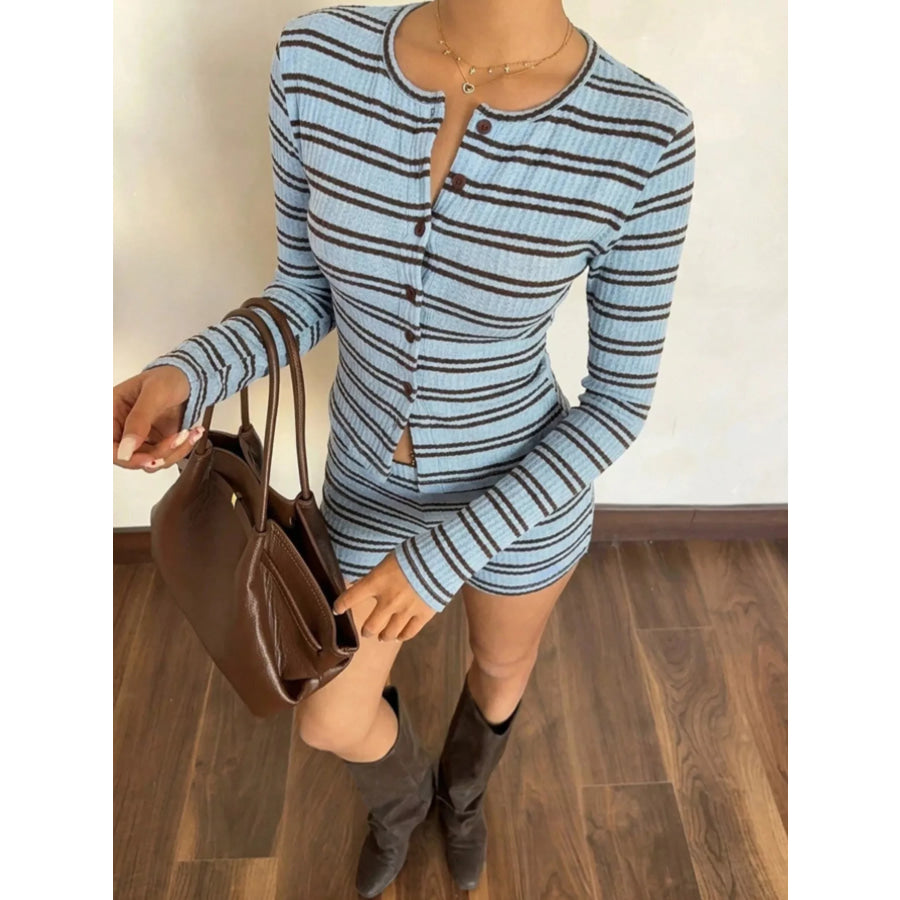 Striped Button-Down Cardigan and Shorts Set Apparel Accessories