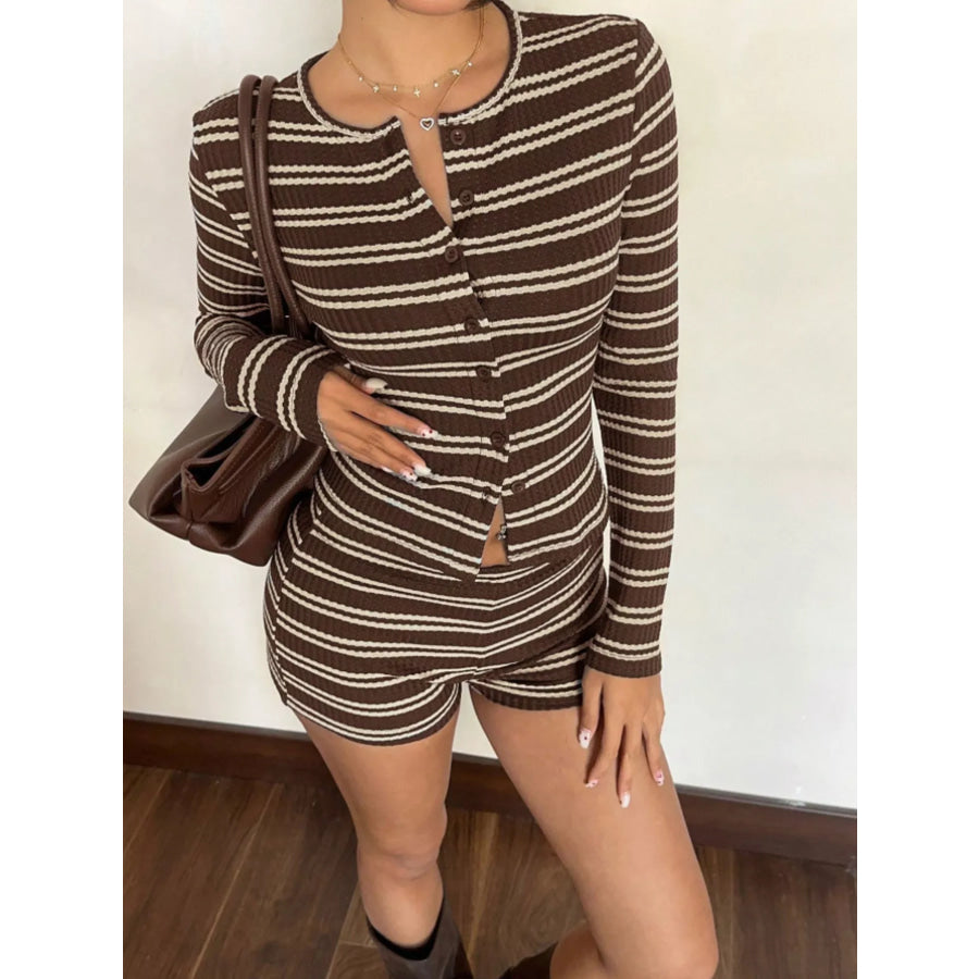 Striped Button-Down Cardigan and Shorts Set Apparel Accessories