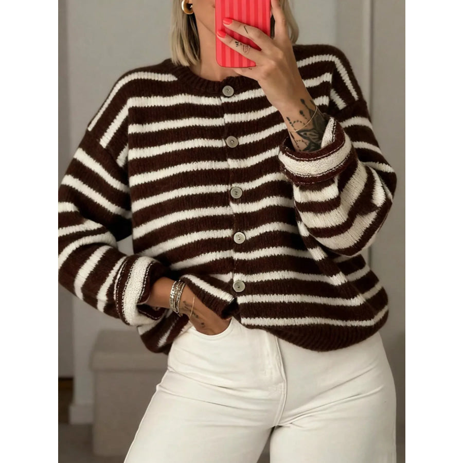 Striped Button-Down Cardigan Brown / S Apparel and Accessories