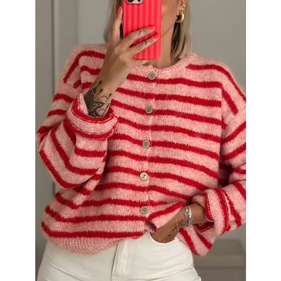 Striped Button-Down Cardigan Red / S Apparel and Accessories