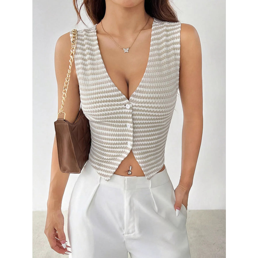 Striped Button-Down Cropped Sweater Vest Ivory / S Apparel and Accessories