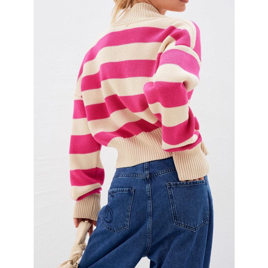 Striped Button Down Drop Shoulder Cardigan Pink / One Size Apparel and Accessories