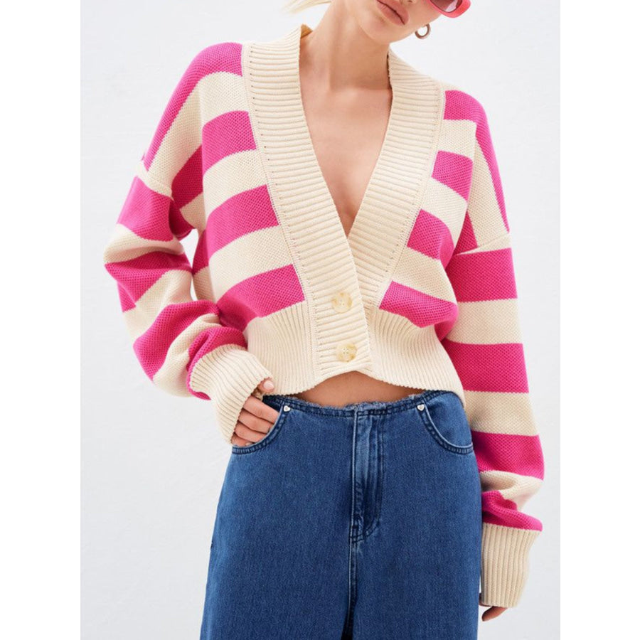 Striped Button Down Drop Shoulder Cardigan Pink / One Size Apparel and Accessories