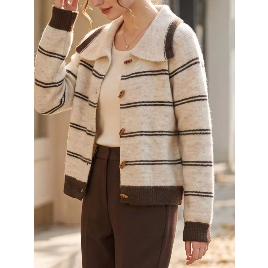 Striped Button-Down Knit Cardigan Apricot / S Apparel and Accessories