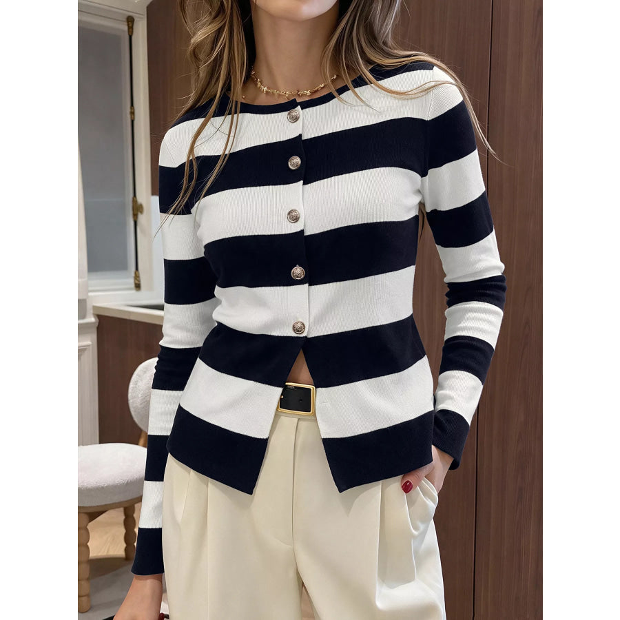 Striped Button-Down Knit Cardigan Black / S Apparel and Accessories