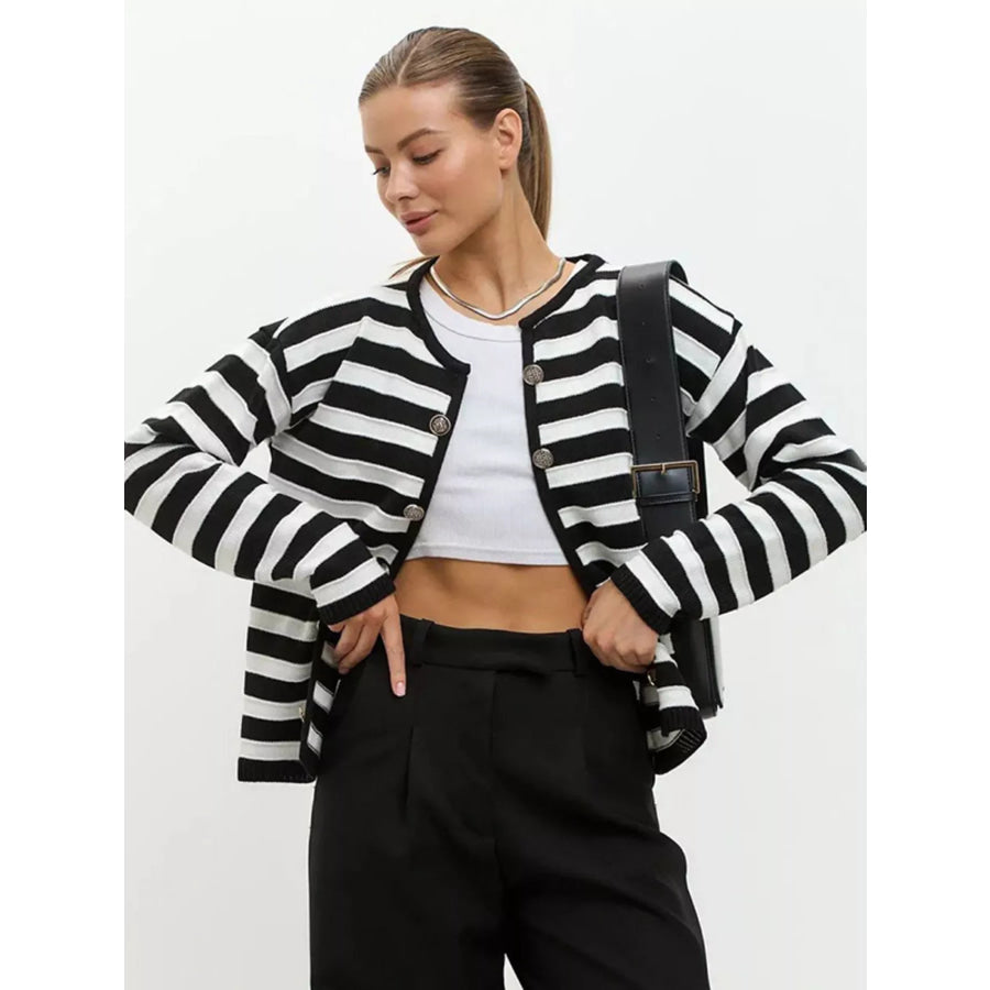 Striped Button-Down Knit Cardigan Black / S Apparel and Accessories