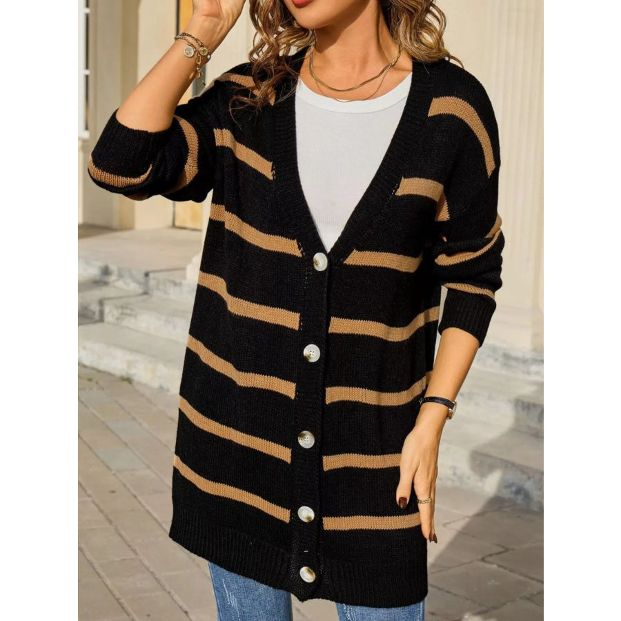 Striped Button-Down Knit Cardigan Black / S Apparel and Accessories