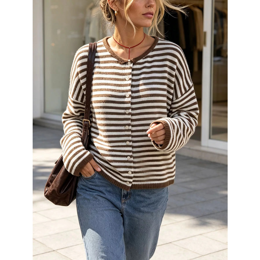 Striped Button-Down Knit Cardigan Brown / S Apparel and Accessories