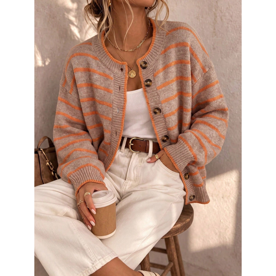 Striped Button-Down Knit Cardigan Caramel / XL Apparel and Accessories