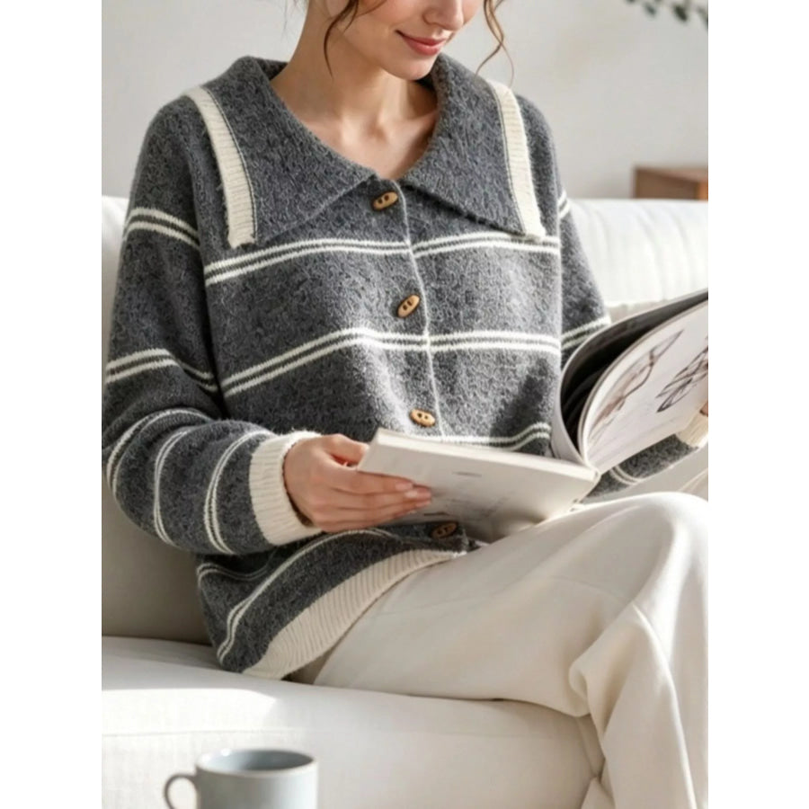 Striped Button-Down Knit Cardigan Dark Gray / S Apparel and Accessories