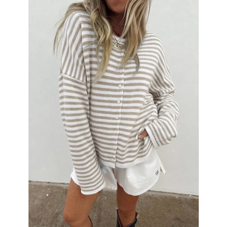 Striped Button-Down Knit Cardigan Khaki Color / S Apparel and Accessories