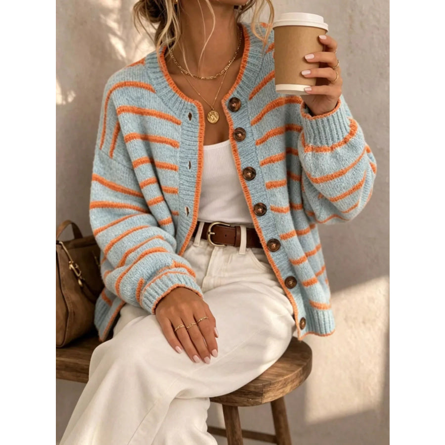 Striped Button-Down Knit Cardigan Light Blue / S Apparel and Accessories