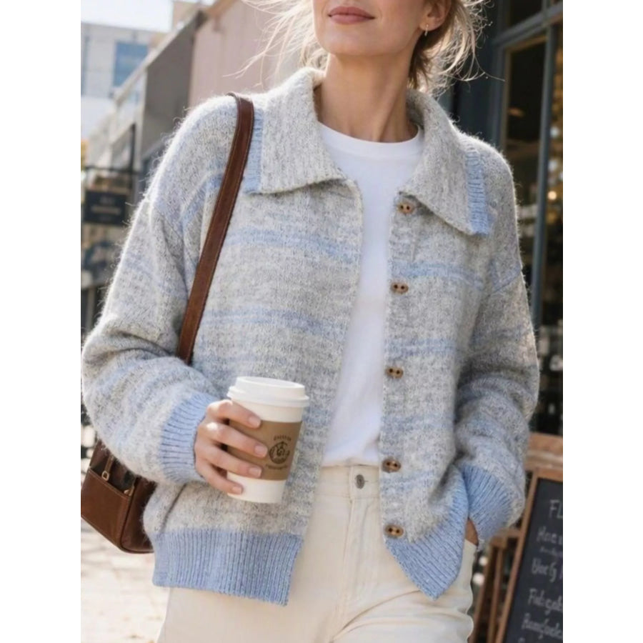 Striped Button-Down Knit Cardigan Light Gray / S Apparel and Accessories