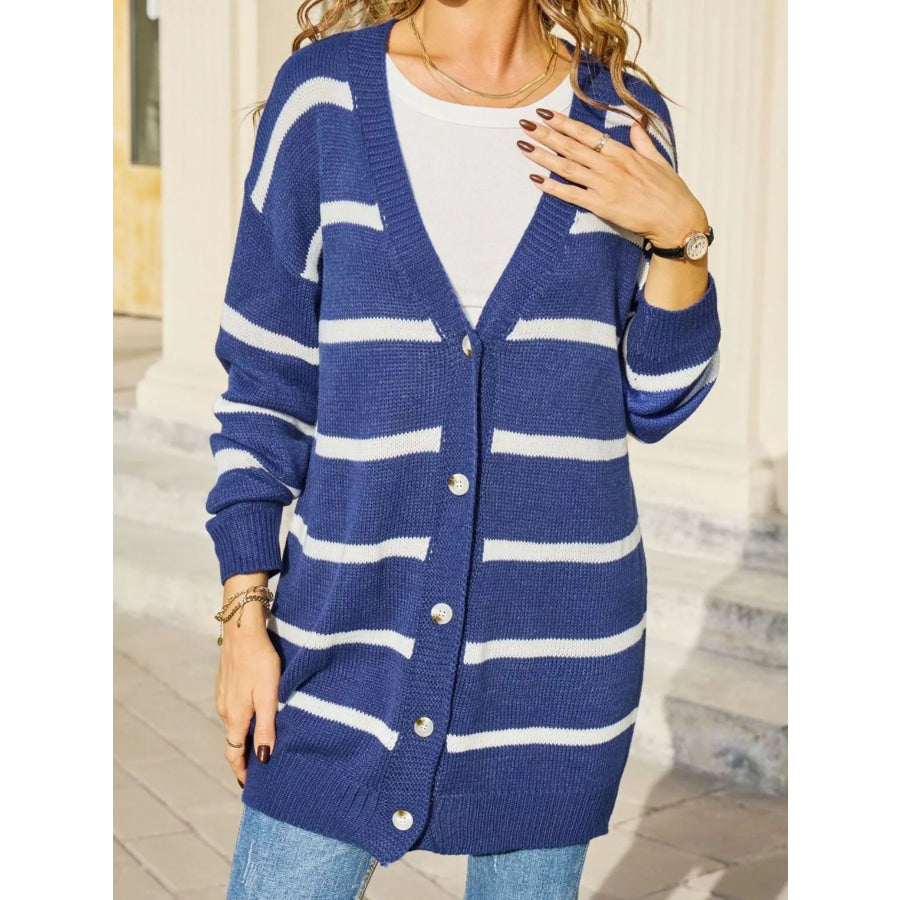 Striped Button-Down Knit Cardigan Navy Blue / S Apparel and Accessories