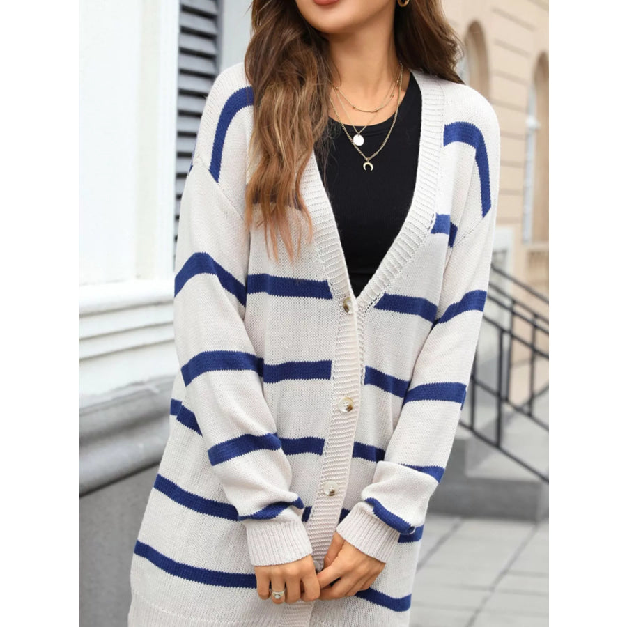 Striped Button-Down Knit Cardigan Off-white / S Apparel and Accessories