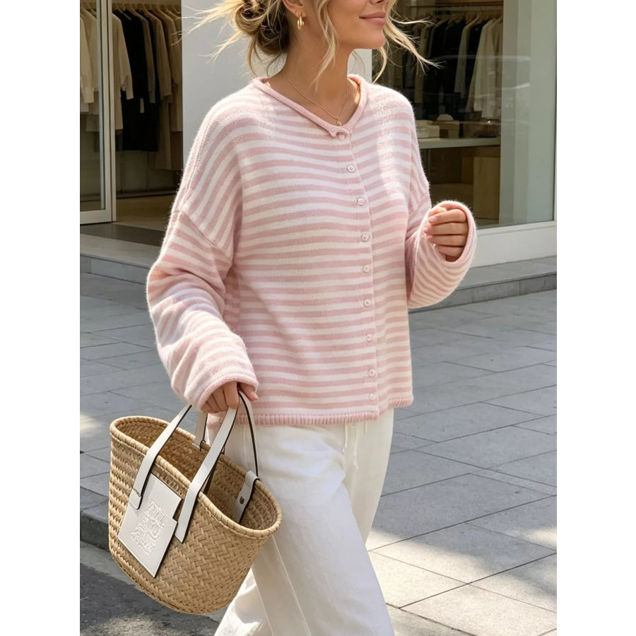 Striped Button-Down Knit Cardigan Pink / S Apparel and Accessories