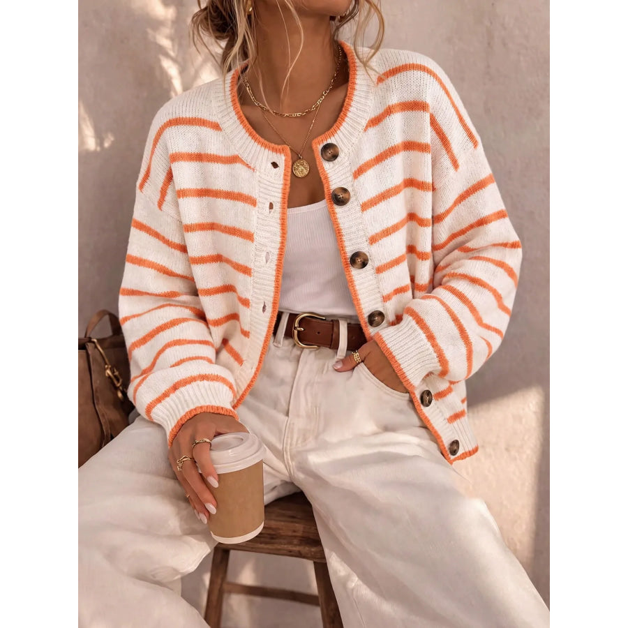 Striped Button-Down Knit Cardigan White / S Apparel and Accessories