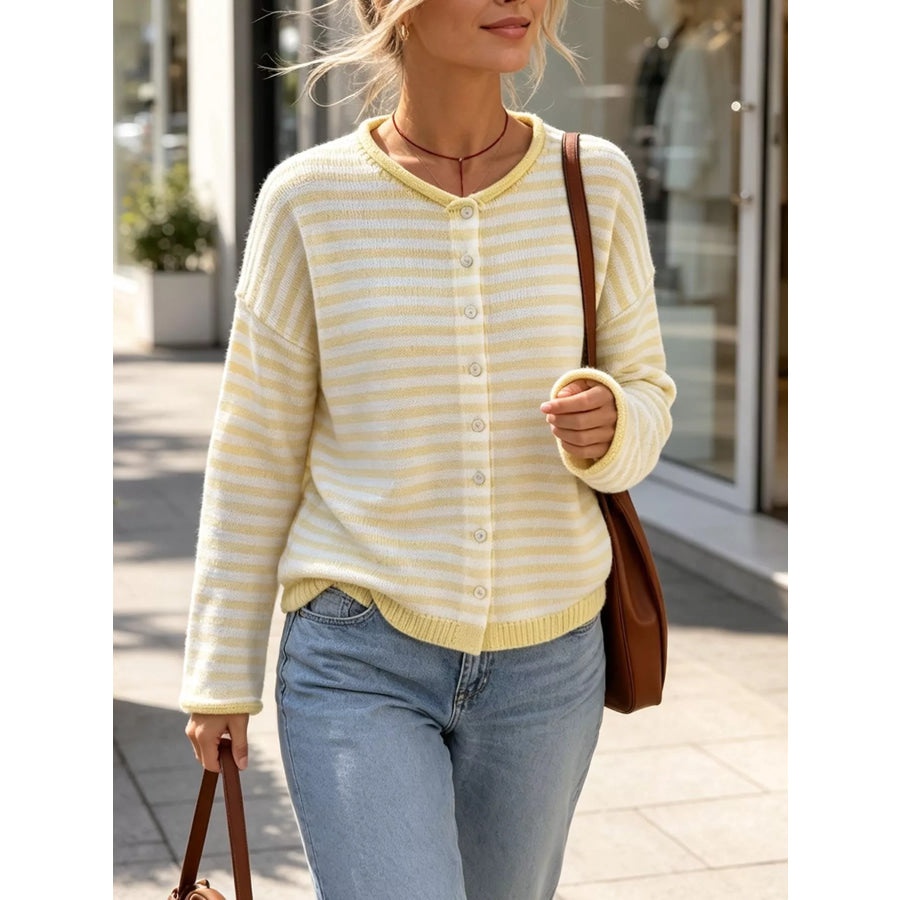 Striped Button-Down Knit Cardigan Yellow / S Apparel and Accessories