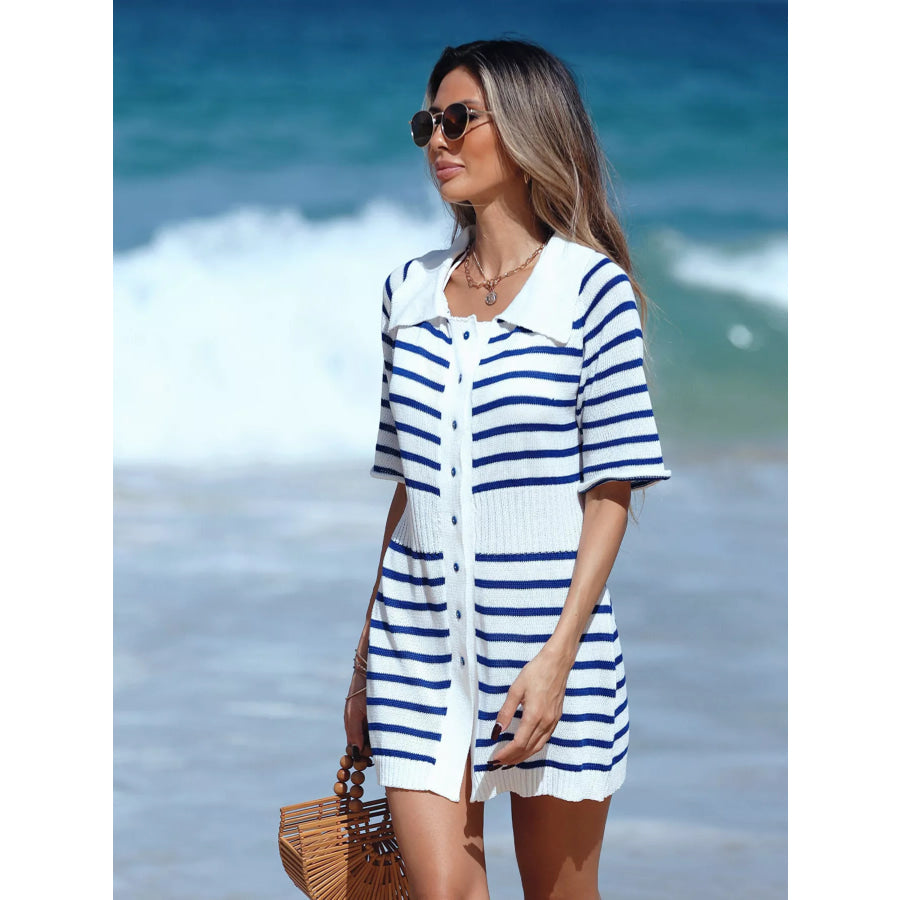 Striped Button-Down Knit Mini Dress Apparel and Accessories