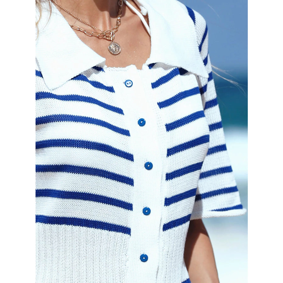 Striped Button-Down Knit Mini Dress Apparel and Accessories
