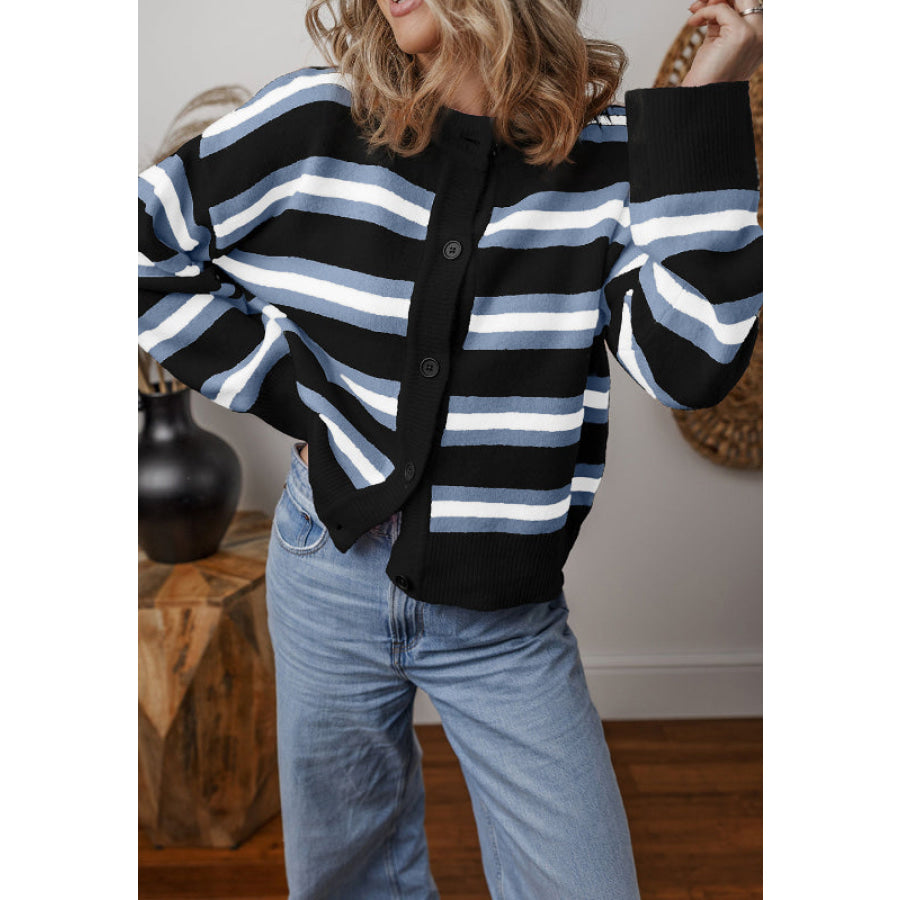 Striped Button Down Long Sleeve Cardigan Black / S Apparel and Accessories