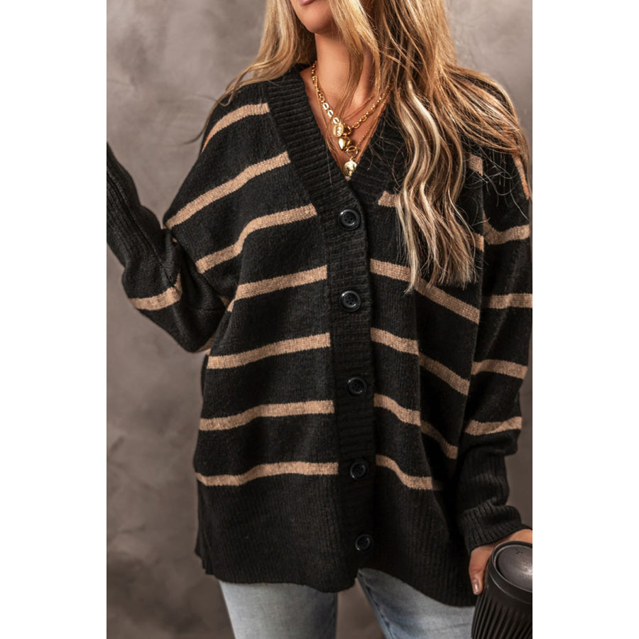 Striped Button Down Long Sleeve Cardigan Black / S Apparel and Accessories