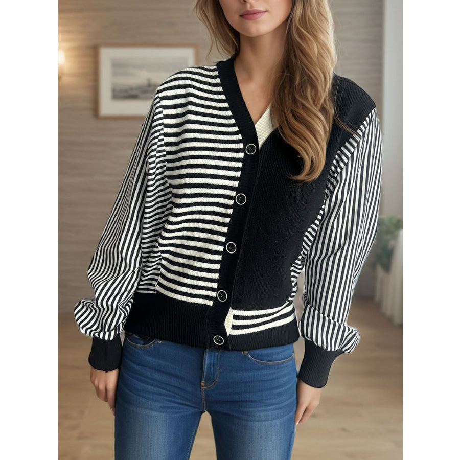 Striped Button Down Long Sleeve Cardigan Black / One Size Apparel and Accessories