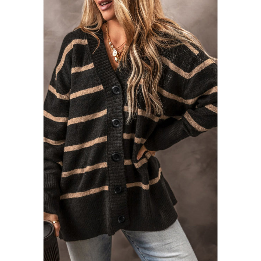 Striped Button Down Long Sleeve Cardigan Black / S Apparel and Accessories