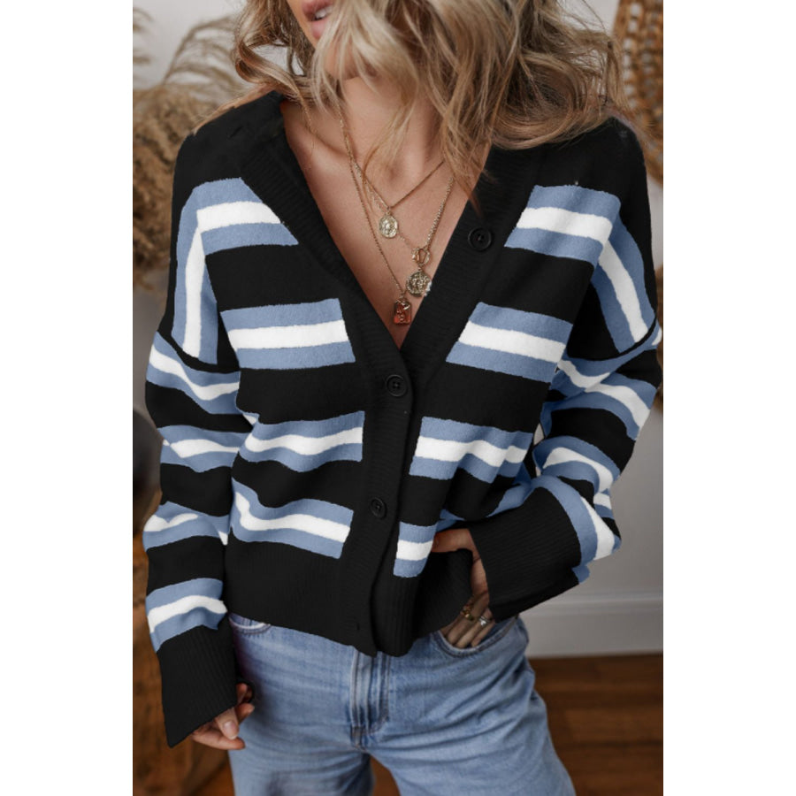 Striped Button Down Long Sleeve Cardigan Black / S Apparel and Accessories