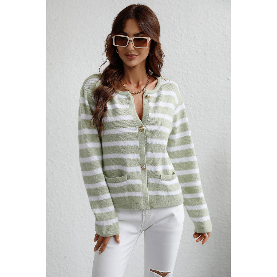 Striped Button Down Long Sleeve Cardigan Light Green / S Apparel and Accessories