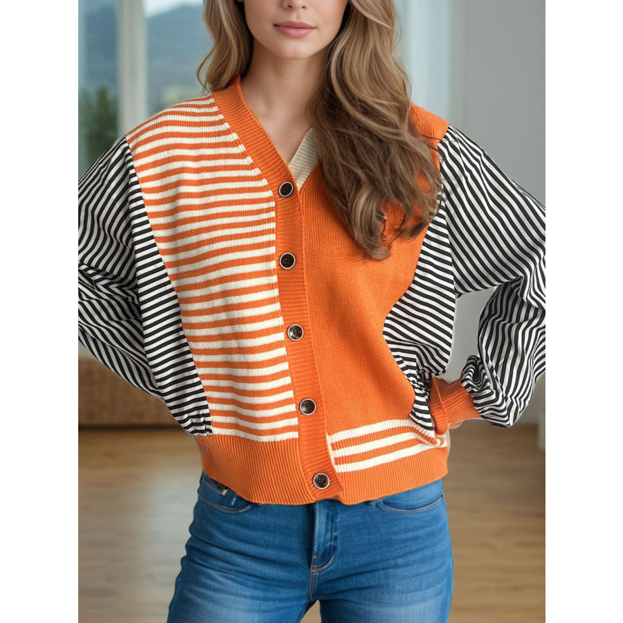 Striped Button Down Long Sleeve Cardigan Orange / One Size Apparel and Accessories